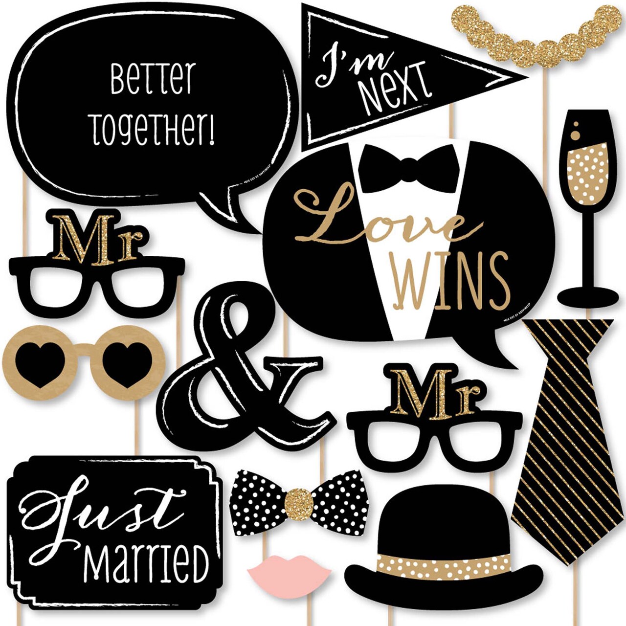 Big Dot of Happiness Mr. and Mr. - Gold - Gay Wedding Photo Booth Props Kit - 20 Count